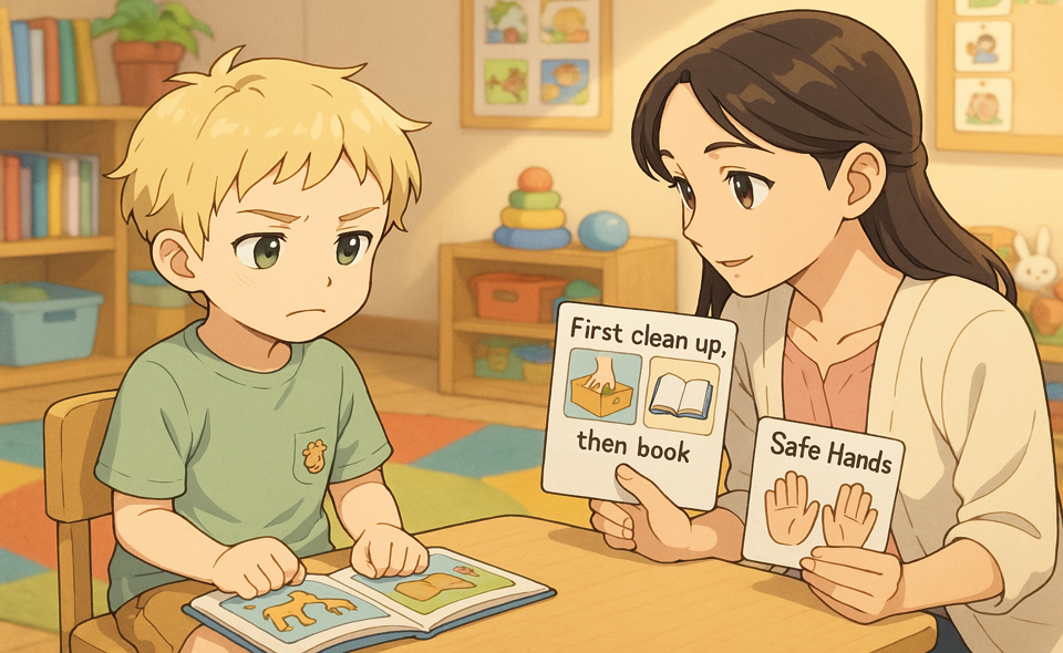 Book page showing a child learning about body control