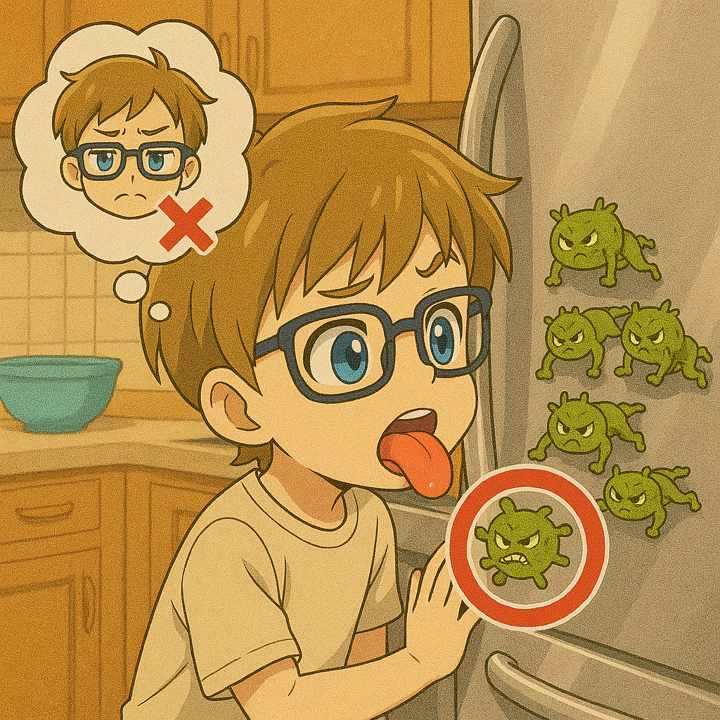 Book page showing a child learning about licking behavior