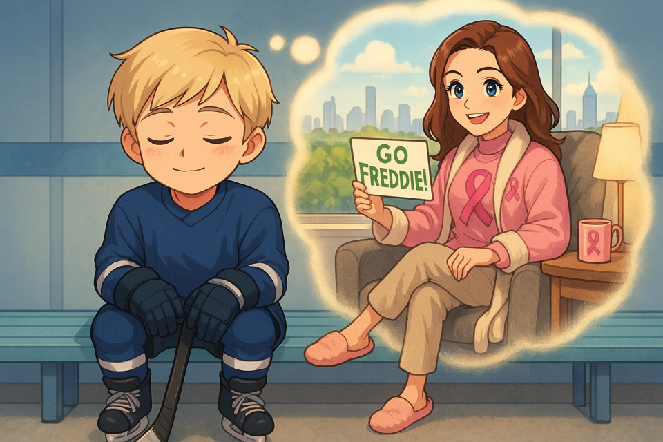 Book page showing a child coping with parent's illness